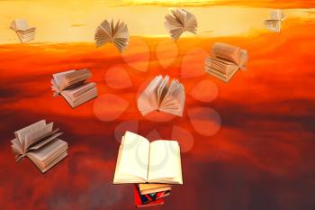 open book above of stack of books and red sunset sky with flying books background