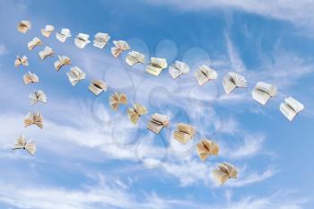 flock of flying books with blue sky with cirrus clouds background