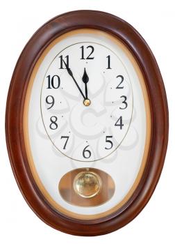 at five minutes to twelve o clock on oval dial clock