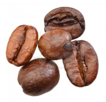 five roasted coffee beans isolated on white background