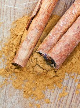 top view of sticks and powdered Cinnamon close up