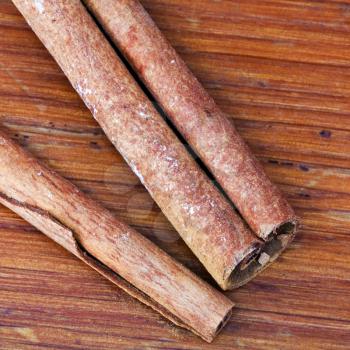 top view of Cinnamon sticks close up on wooden table