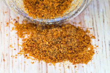 macro view of ground cayenne pepper spilled from glass jar