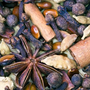 various spices for mulled wine close up