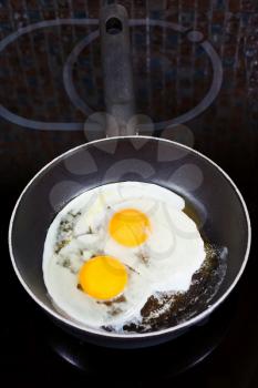 two fried eggs in frying pan on electric stove