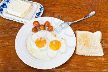 breakfast with two fried eggs on white plate, cherry tomatoes, fresh toast and dairy butter in butterdish on wooden table