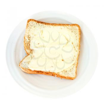 top view of bread and butter sandwich on white plate isolated on white background
