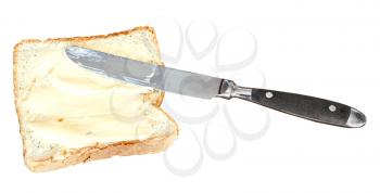 bread and butter sandwich with table knife isolated on white background
