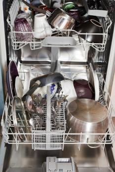 dirty cookware in open home dishwasher