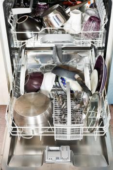 dirty cookware in open built-in dishwasher