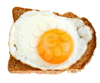 top view of sandwich from fried egg and toasted rye bread isolated on white background