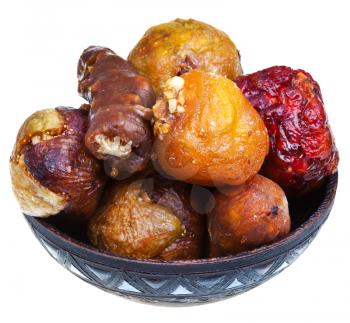 armenian candied stuffed fruits in ceramic bowl isolated on white background