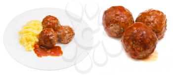 portion of roasted meatballs under meat sauce and mashed potato on plate isolated on white background