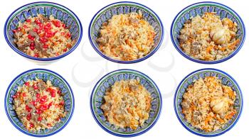 top view on traditional asian pilau in ceramic bowl isolated on white background