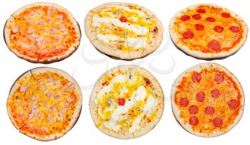 top view of different italian pizza with isolated on white background