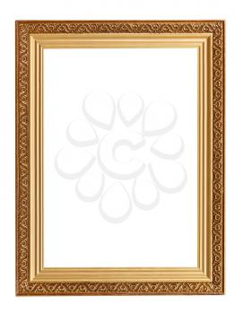wide golden picture frame with carved pattern isolated on white background
