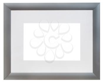 modern wide silver picture frame with grey mat with cutout canvas isolated on white background
