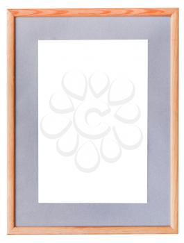 narrow wooden picture frame with grey mat with cutout canvas isolated on white background