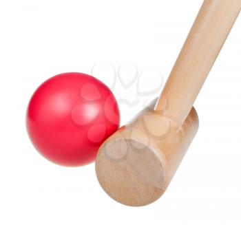 croquet wooden ball and mallet close up isolated on white background