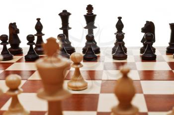 view from king of first move pawn on chessboard close up