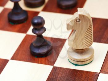 white wooden knight on chessboard close up