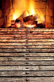 concept - edge of wooden bridge to fireplace