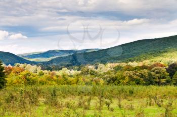 panorama of caucasian mountains in Shapsugskaya anomalous area in early autumn day