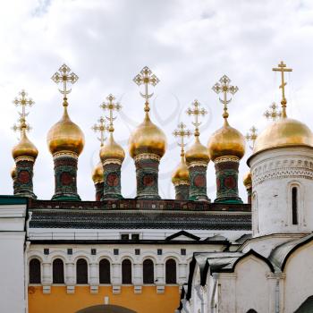 domes of Terem Palace Churches and Church of the Deposition of the Robe in Moscow Kremlin