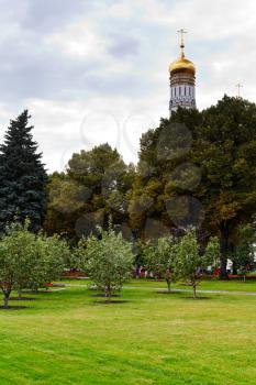 view of ivan the great bell tower from Taynitsky Garden in Moscow Kremlin
