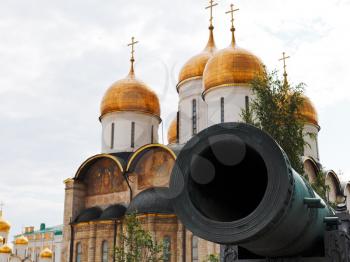 barrel of Tsar Cannon and Dormition Cathedral in Moscow Kremlin