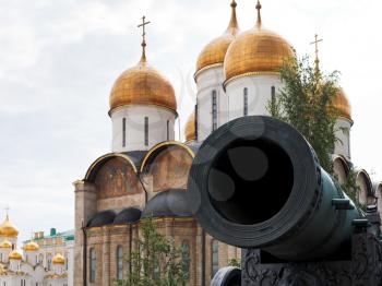 big barrel of Tsar Cannon and Dormition cathedral in Moscow Kremlin