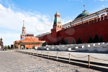 view of Kremlin wall and Lenin Tomb on Red Square in Moscow