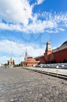 view of lenin mausoleum and kremlin wall on red square in Moscow