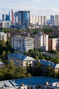 above view of different buildings in Moscow city in summer afternoon