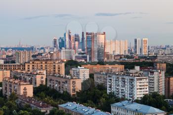 pink sunset over Moscow city in summer early evening