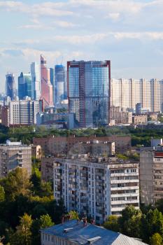 view of towers of Moscow City in summer afternoon