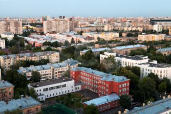 above view of Moscow dwelling houses in summer evening