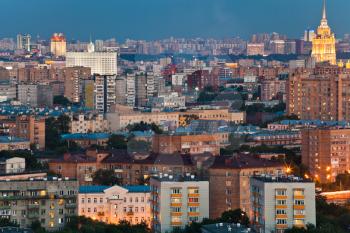Moscow city skyline at dusk in summer