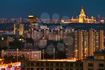 illuminated Moscow city in blue summer night