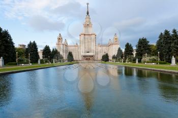 panoramic view of Alley and main building of Moscow State University in early morning