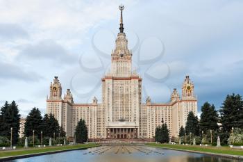 front view of main building of Moscow State University in early morning