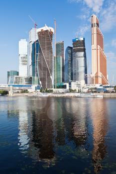 Moscow City buildings and Moskva River in summer sunny day