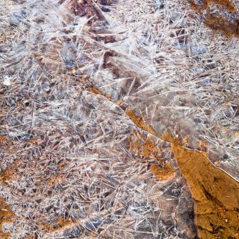 ice crystals of frozen water on ground in spring morning