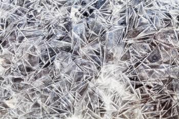 ice crystals over frozen puddle in spring forest