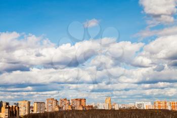 urban panoramic landscape with spring clouds in Moscow afternoon