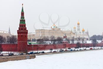 snow in Moscow - panorama of Kremlin wall and tower in winter