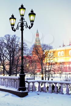 snow in Moscow - Alexander Garden in winter snowing evening