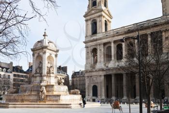 Fountaine Saint-Sulpice and Saint-Sulpice church in Paris, France