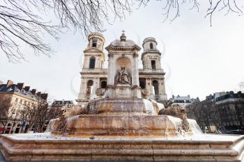 front view of of Saint-Sulpice fontain and church in Paris, France
