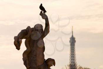 dove, antique statue in Tuileries garden and Eiffel Tower in Paris
